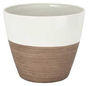 Landscapers Select PT-S067 Planter, 8 in Dia, 7 in H, Round, Resin, Ivory/Wood, Ivory/Wood