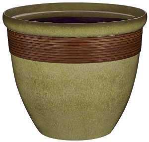 Landscapers Select PT-S015 Wave Planter, 15 in Dia, 12-1/2 in H, Round, Resin, Olive Green/Wood