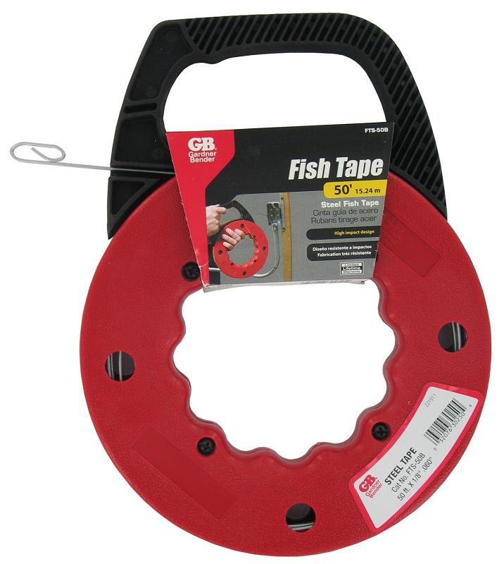 Gardner Bender FTS Series FTS-50B Fish Tape, 1/8 in Tape, 50 ft L Tape, Steel Tape, Red Case