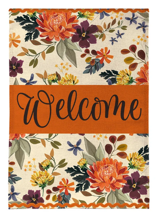 Fall Floral Welcome Burlap Flag House