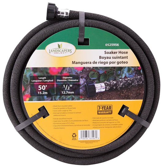 Landscapers Select P174-161102 Soaker Hose, 50 ft L, Plastic Male and Female Couplings, Rubber, Black