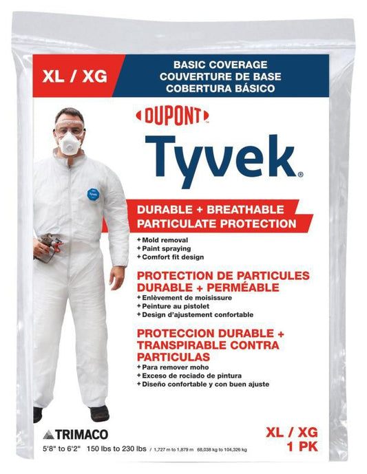 Trimaco 14123 Professional Painter's Coveralls, XL, Zipper Closure, Tyvek, White