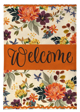 Fall Floral Welcome Burlap Flag Garden