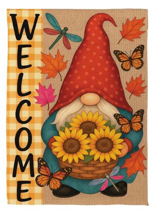 Welcome Sunflower Gnome Suede Flag Garden